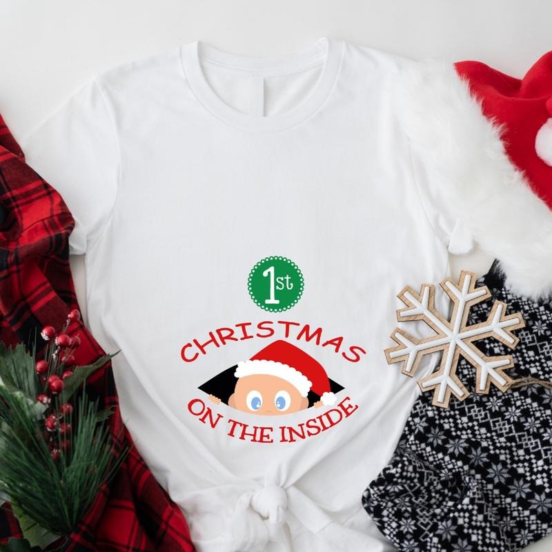 1st Inside Baby Announcement Shirt Santa Pregnant Wife New Mom Be Maternity Shirt T-Shirts