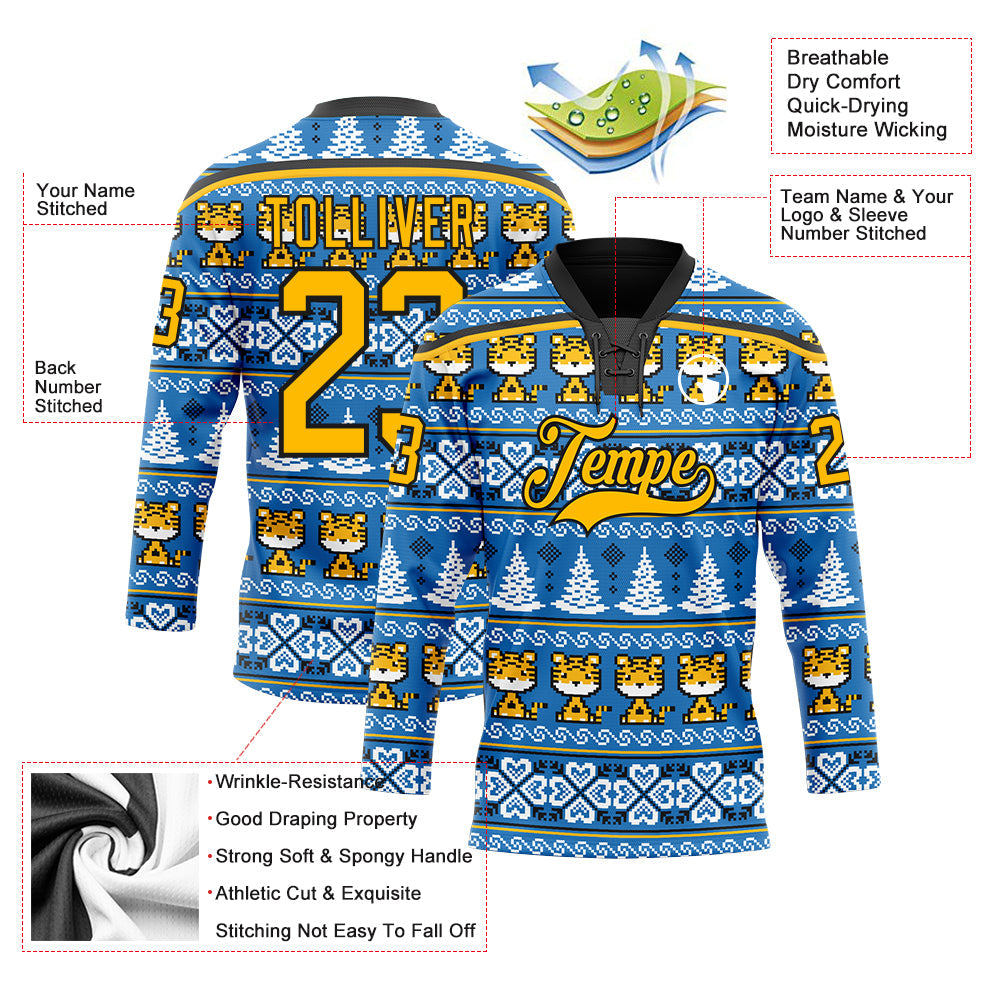 Custom Light Blue Gold-Black Christmas Tree And Tiger 3D Hockey Lace Neck Jersey