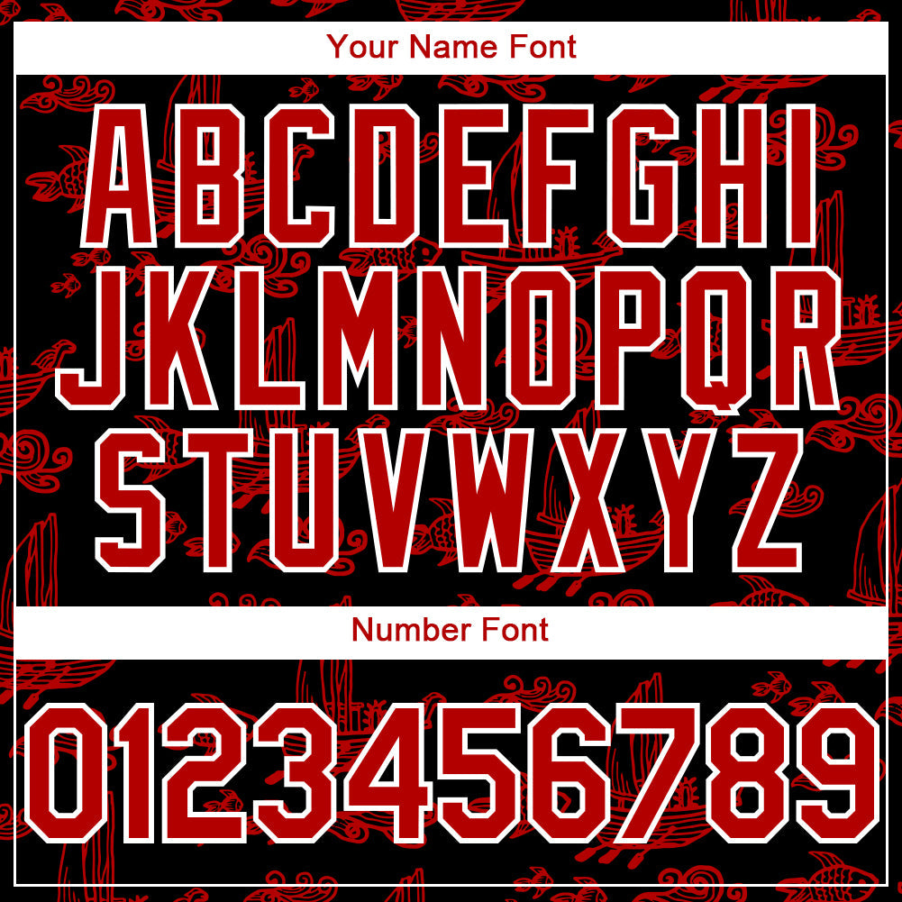Custom Black Red-White 3D Pattern Design Boats And Fish Authentic Baseball Jersey