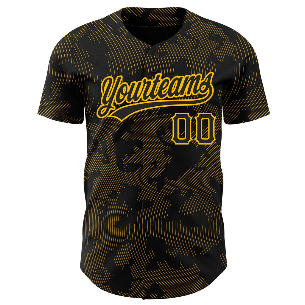 Custom Black Gold 3D Pattern Design Curve Lines Authentic Baseball Jersey