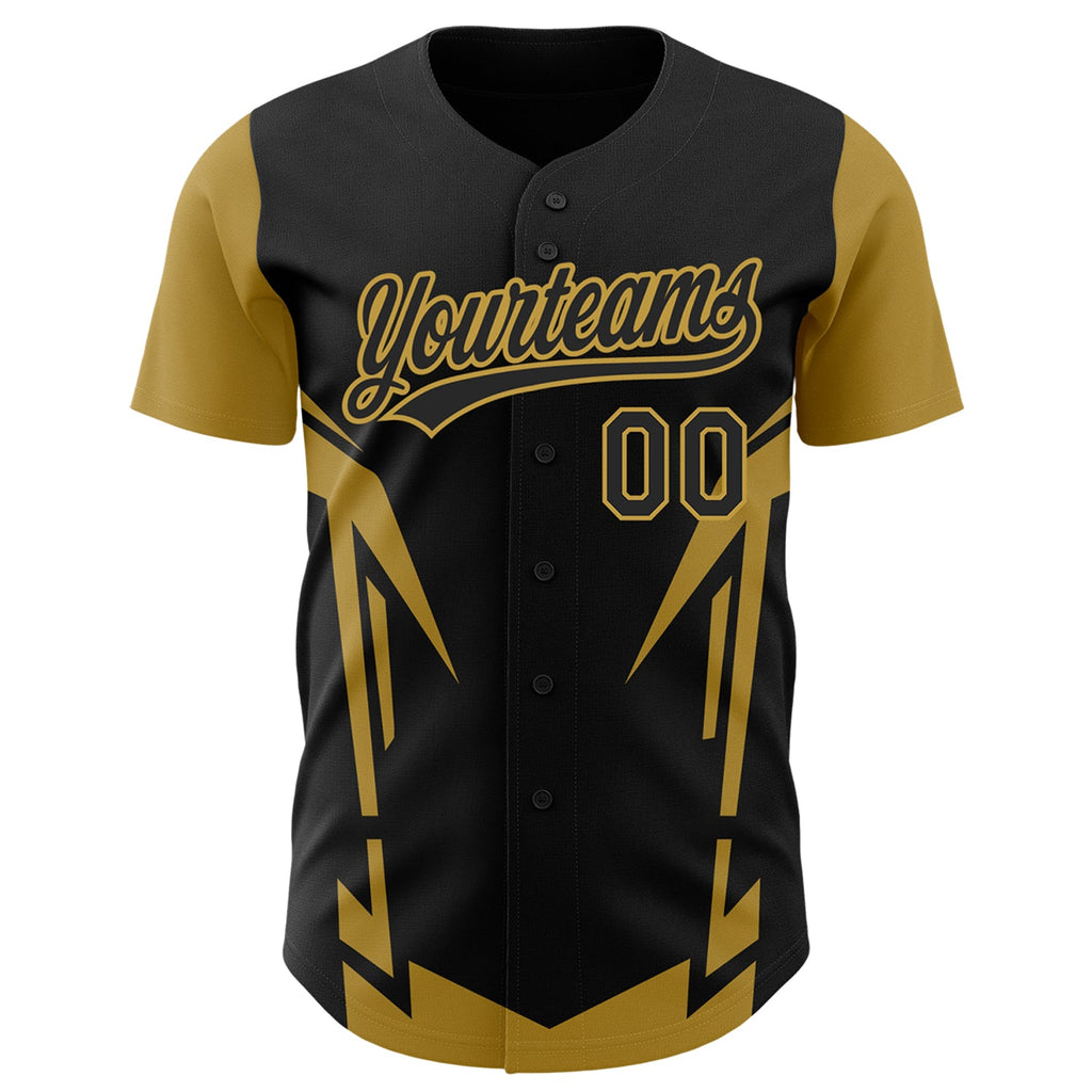 Custom Black Old Gold 3D Pattern Design Side Sharp Edges Authentic Baseball Jersey