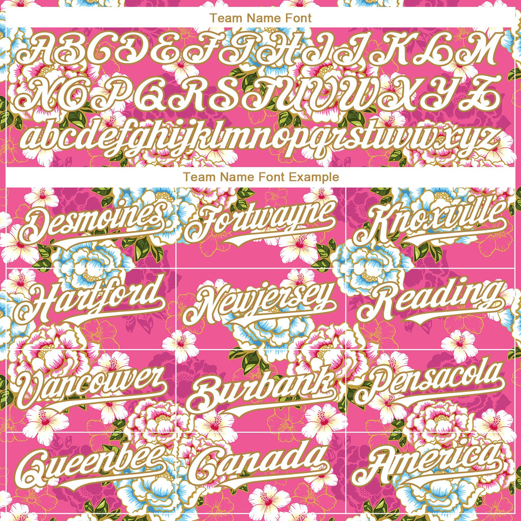 Custom Hot Pink White-Old Gold 3D Pattern Design Northeast China Big Flower Authentic Baseball Jersey