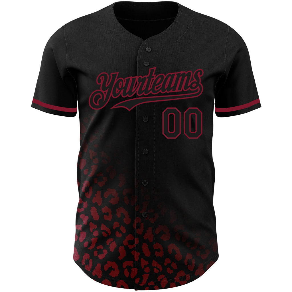 Custom Black Crimson 3D Pattern Design Leopard Print Fade Fashion Authentic Baseball Jersey
