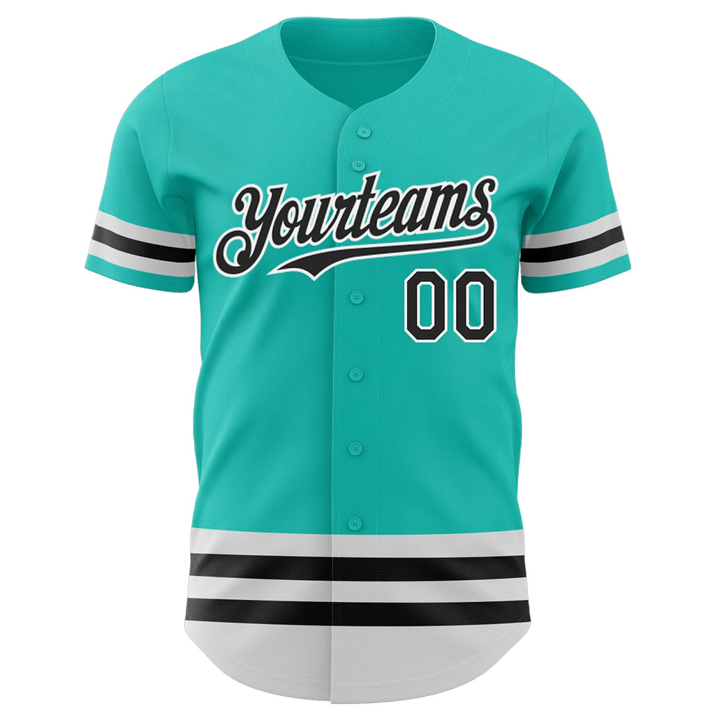Custom Aqua Black-White Line Authentic Baseball Jersey