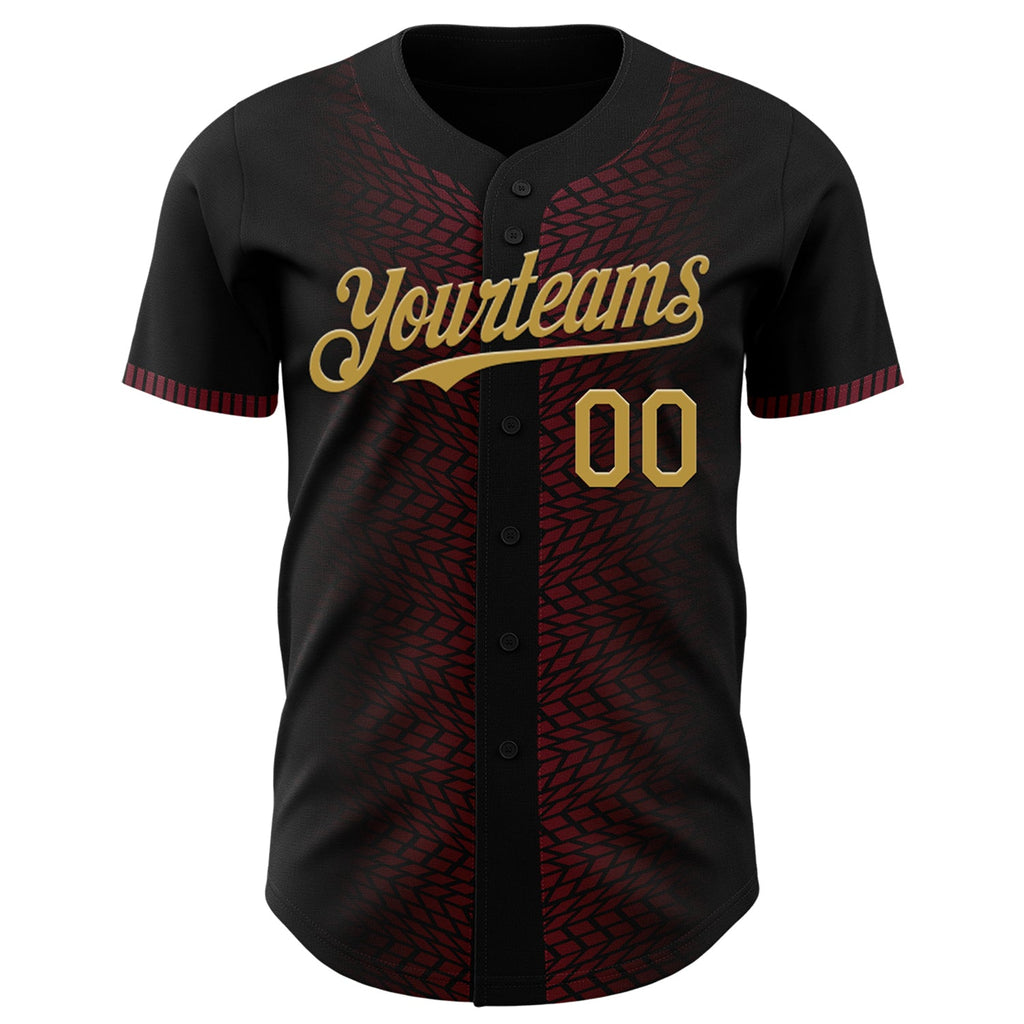 Custom Black Old Gold-Burgundy 3D Pattern Design Geometric Shapes Authentic Baseball Jersey