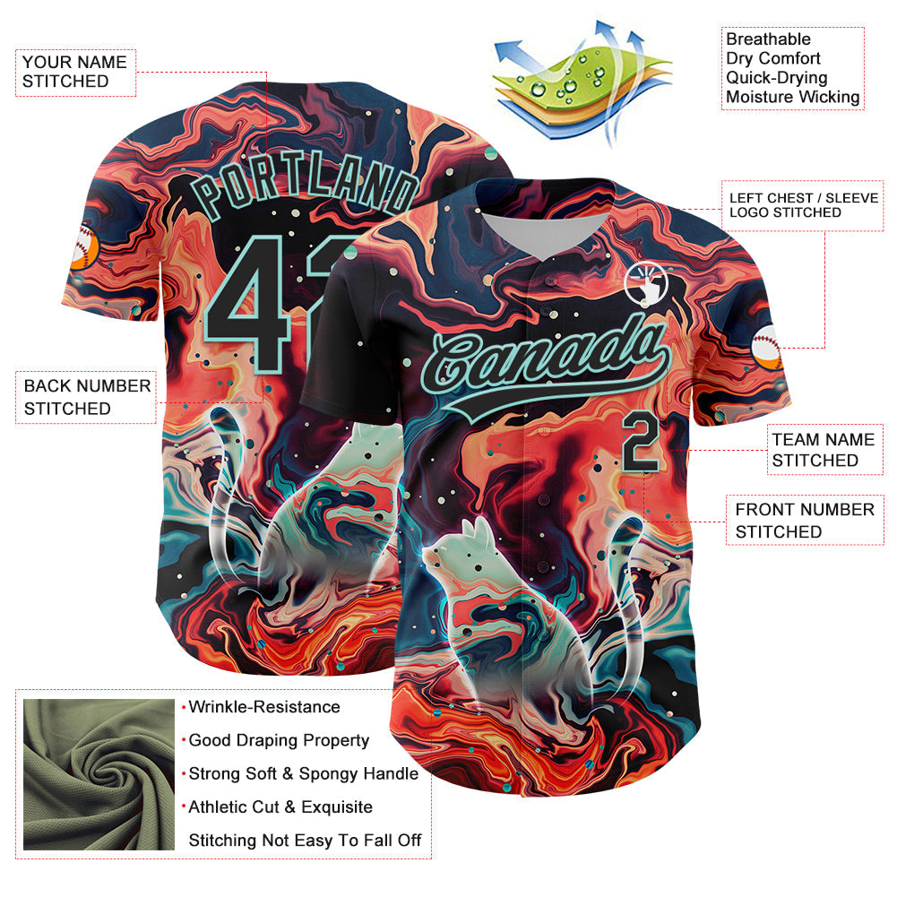 Custom Black Ice Blue 3D Syntetyc Trippy Cat Nebula Authentic Baseball Jersey