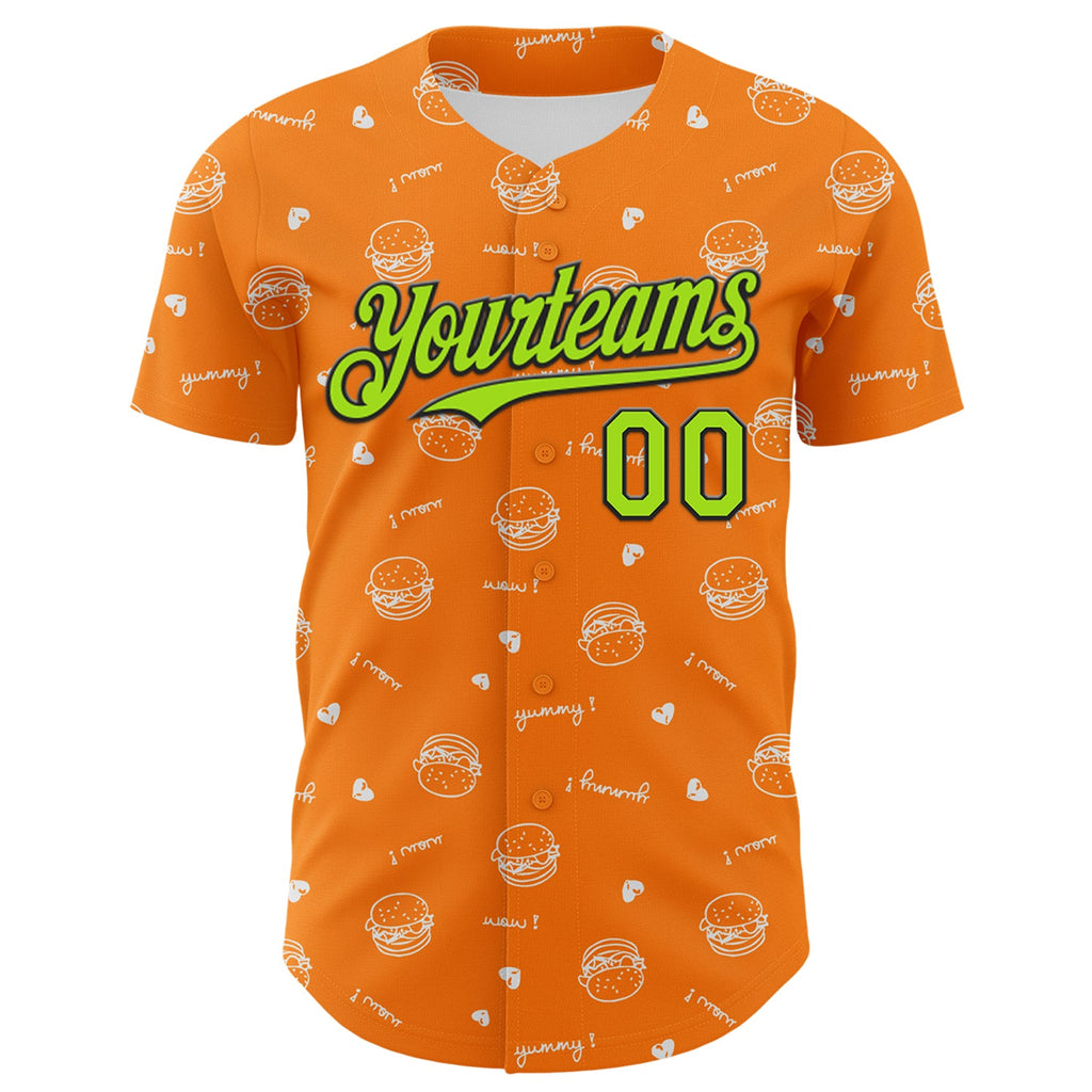 Custom Bay Orange Neon Green-Black 3D Pattern Design Foodie Fast Food Burger Authentic Baseball Jersey
