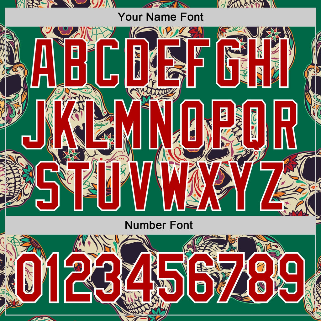 Custom Kelly Green Red-White 3D Mexican Skull Authentic Baseball Jersey