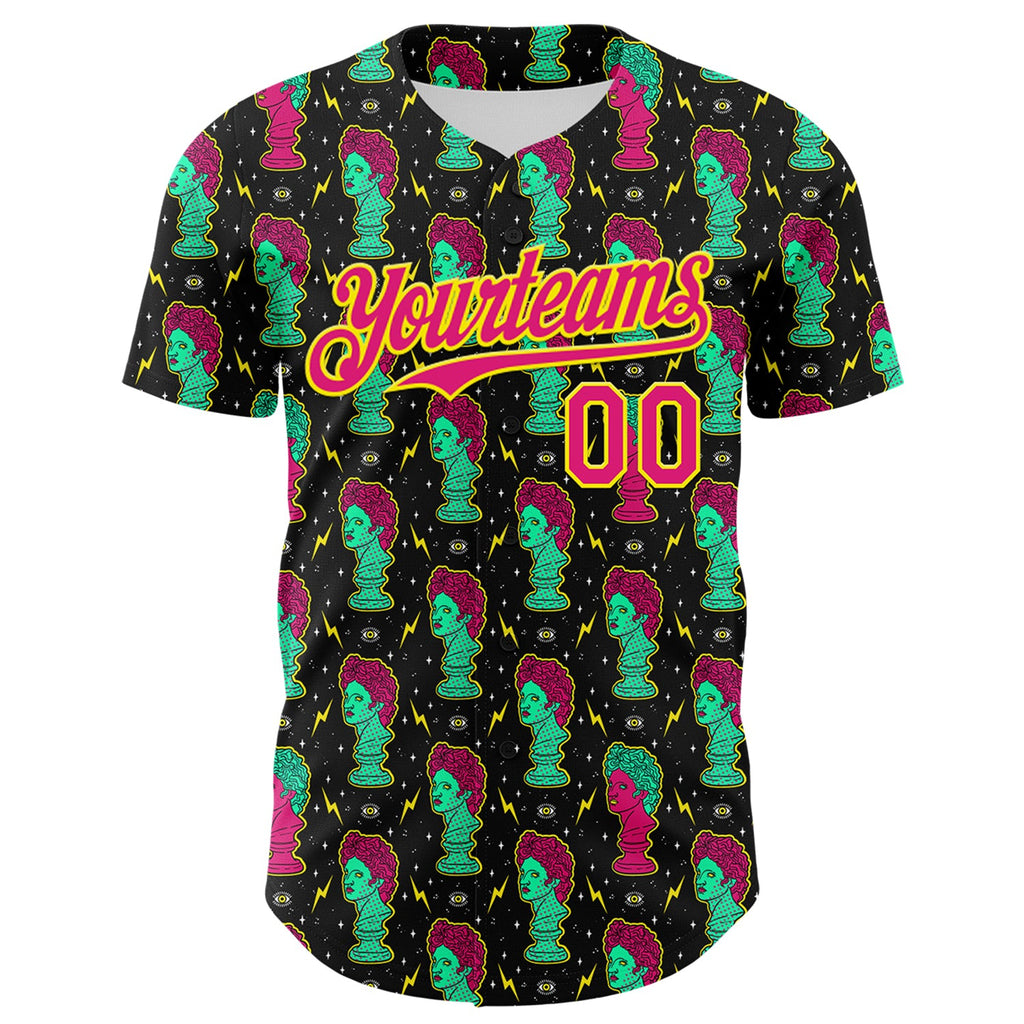 Custom Black Hot Pink-Light Yellow 3D Pattern Design Rave Psychedelic Sculpture Authentic Baseball Jersey