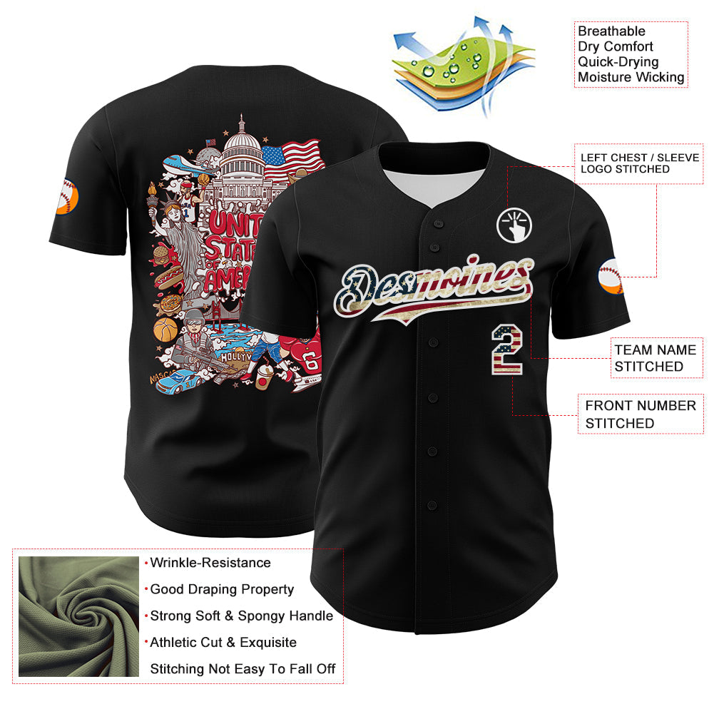 Custom Black Vintage USA Flag-White 3D Patriotic American Symbol Authentic Baseball Jersey