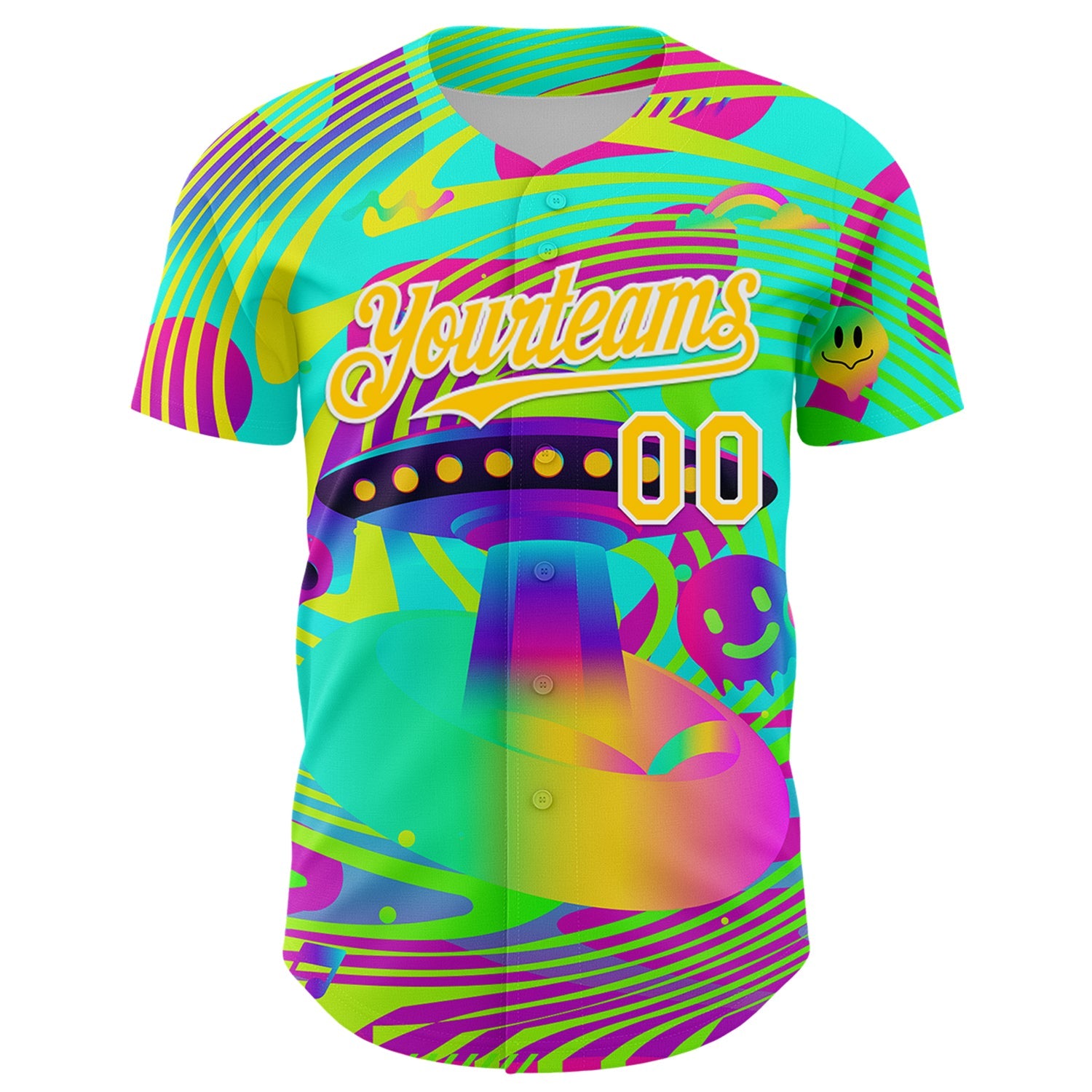 Custom Green Yellow-White 3D Pattern Design Trippy Acid UFO Authentic Baseball Jersey