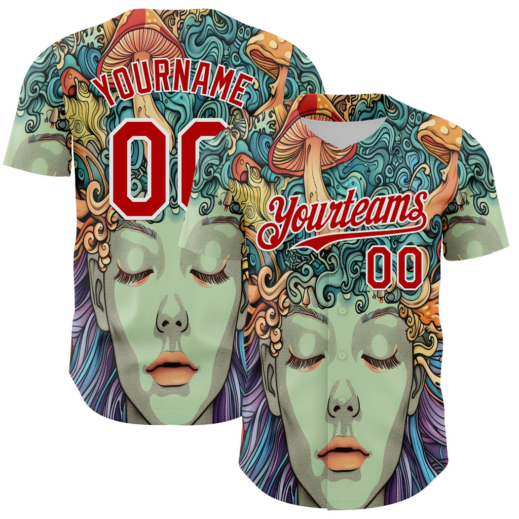 Custom Green Red-White 3D Pattern Design Rave Party Trippy Magic Mushroom Authentic Baseball Jersey
