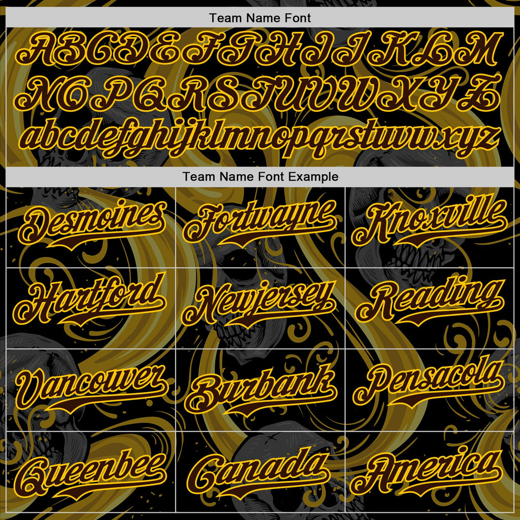 Custom Black Brown Yellow-White 3D Pattern Design Burner Costumes Skull Authentic Baseball Jersey