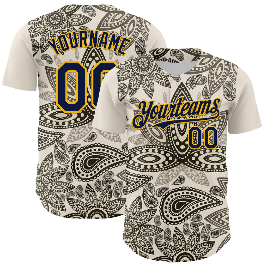 Custom Cream Navy-Yellow 3D Pattern Design Burner Costumes Paisley Bandana Authentic Baseball Jersey