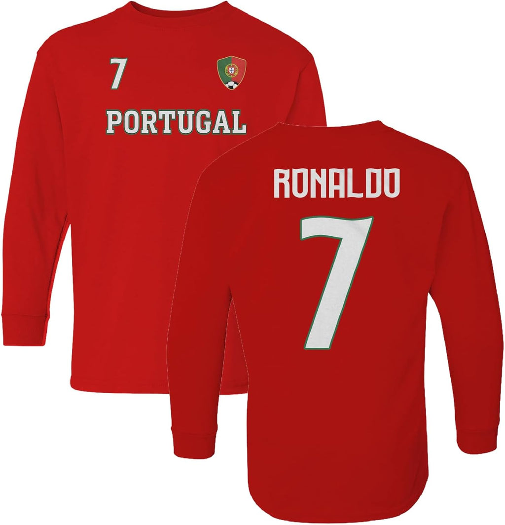 Portugal Ronaldo 7 Inspired Soccer Jersey Style Youth Long Sleeve T-Shirt