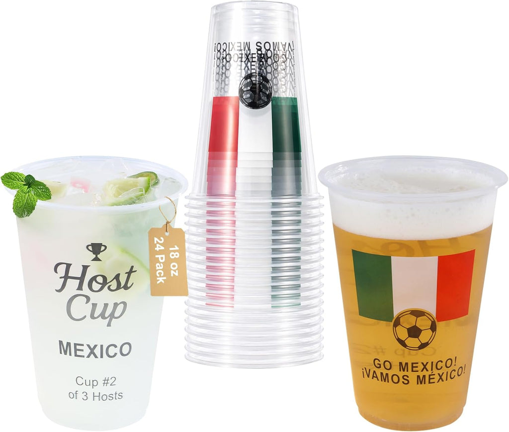 18 oz Host Cup Celebrating World Soccer Tournament Host Mexico, 24-Count Disposable Plastic Party Cups, National Flag Themed for Fan Event Decorations Game-Day Festival, ¡VAMOS MÉXICO 2026