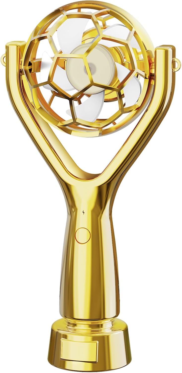 Soccer Trophy Shaped Handheld Fan, Soccer Gifts for Sports enthusiasts, Kids, Boys and Girls, Portable USB Rechargeable Mini Fan for Stadium, Game Day, 2026 World Soccer Event, Outdoor, Gold