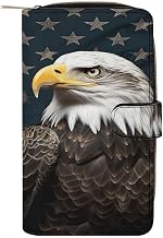 Women PU Leather Bifold American Bald Eagle Sitting on Flag Ribbon Wallets Large Capacity Card Holder Ladies Phone Clutch Travel Purse