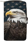 Women PU Leather Bifold American Bald Eagle Sitting on Flag Ribbon Wallets Large Capacity Card Holder Ladies Phone Clutch Travel Purse