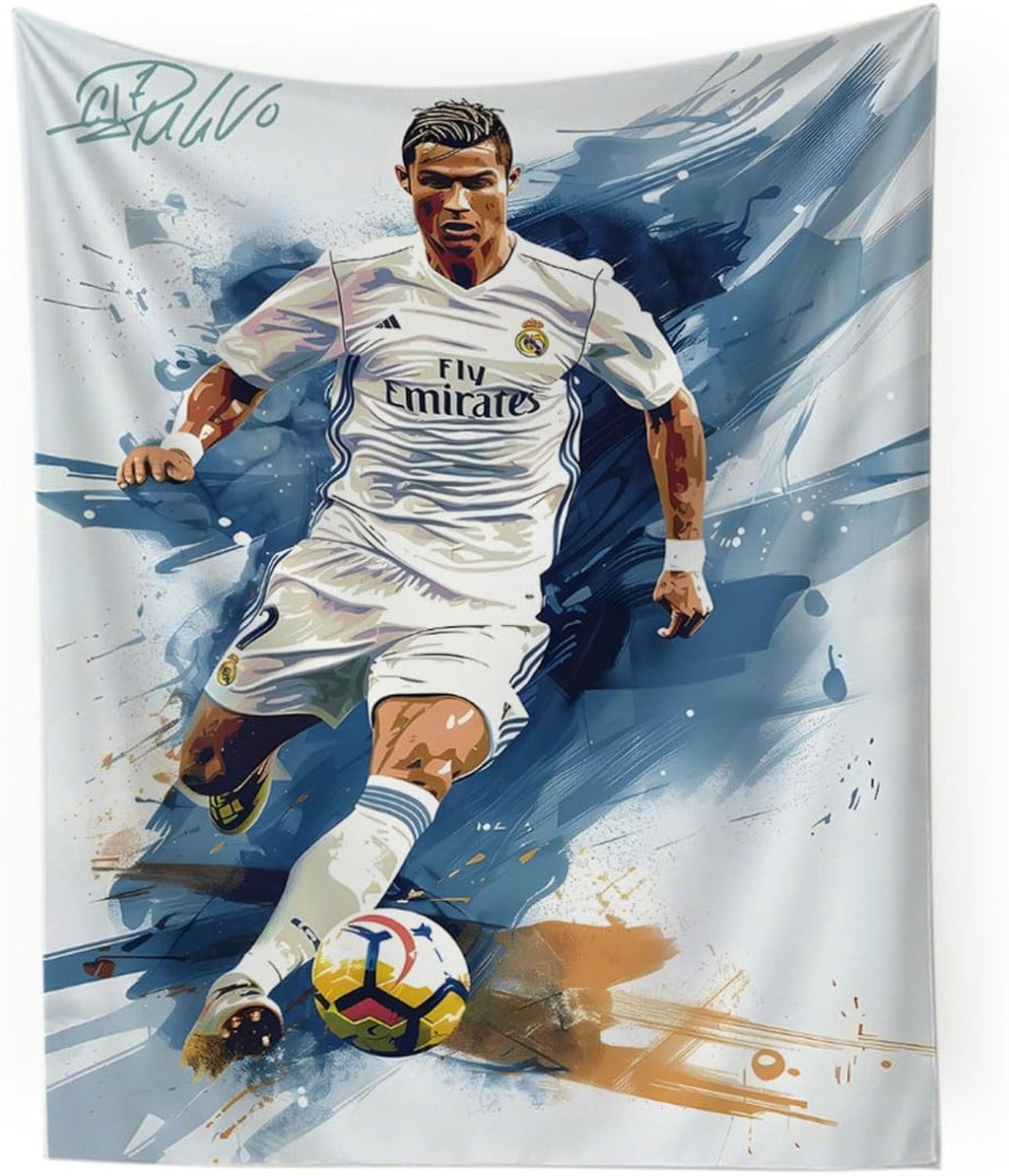 Cristiano Ronaldo World Cup Soccer Tapestry for Teens Fans - Single-Sided HD Fade-Resistant Print, Machine Washable Polyester, 4 Corner Grommets, Indoor Wall Decor for Bedroom/Living Room, 35.4x47.2 Inches (White)