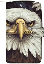 Bald Eagle Leather Long Wallet 12 Card Slot Travel Long Purse Clutch Wallet with Zip Credit Card Holder