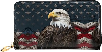American bald eagle sitting on flag ribbon Leather Wallet for Women Long Coin Purse Ultra Slim Credit Cards Holder Bifold Clutch