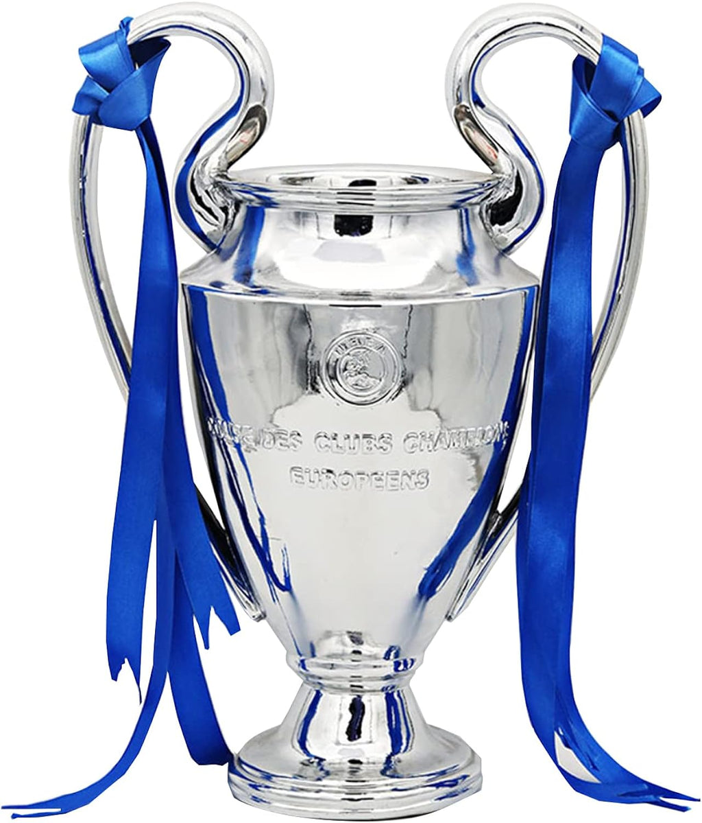 Champion Trophy, Sports League Cup, Champions League Replica, Resin Material, Medal, Keepsake Collection, Office Decoration Trophy, Chrome Plated Silver/Blue Ribbon