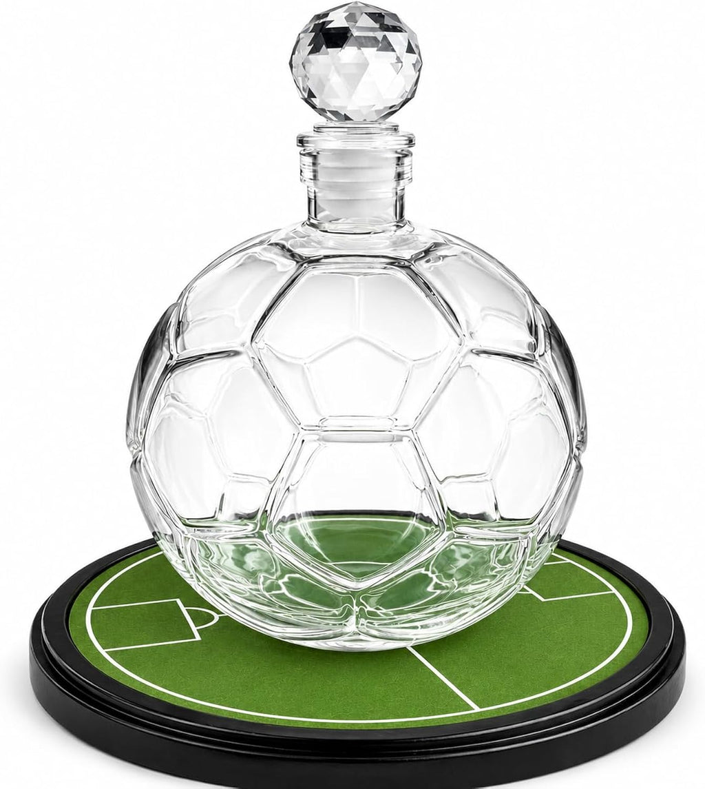 Soccer Ball Whiskey Decanter 1000mL, Glass Football Liquor Bottle with Soccer Field Base, World Tournament Cup Gifts for Men, Sports Fan Bar Decor