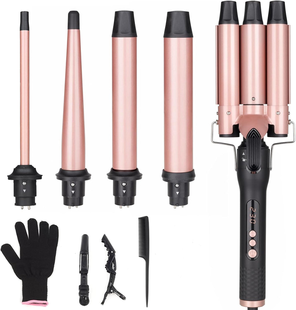 UNOBEY 5 in 1 Curling Wand Set, Three Barrel Curling Iron Set with 3 Barrel Curling Iron and 4 Interchangeable Ceramic Curling Wand Iron(0.5”-1.25”), Fast Heating Hair Curler Tool, Include Glove