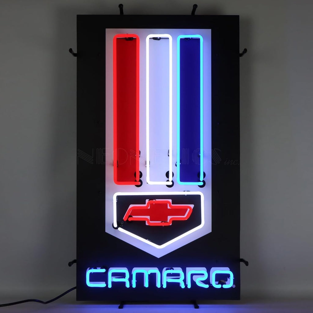 Camaro Vertical Emblem Neon Sign with Backing and Red, White and Blue Hand Blown Real Glass Tubes, Measures 19 Inches Wide by 33 Inches Tall - 5CAMBK