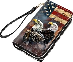 American Flag Bald Eagle Print Women Large Capacity PU Leather Double Zipper Wallet, Multifunctional Clutch Purse for Cash/Card/Coin/Smart Phone