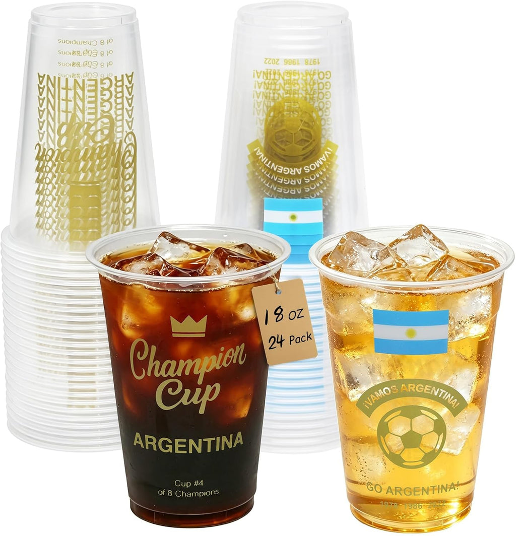 18 oz Champion Cup Salute To Argentina, 3-Time World Soccer Champion, 24-Count Disposable Plastic Party Cups, Flag Themed for Fan Event Decorations Game-Day Festival, ¡VAMOS ARGENTINA 2026