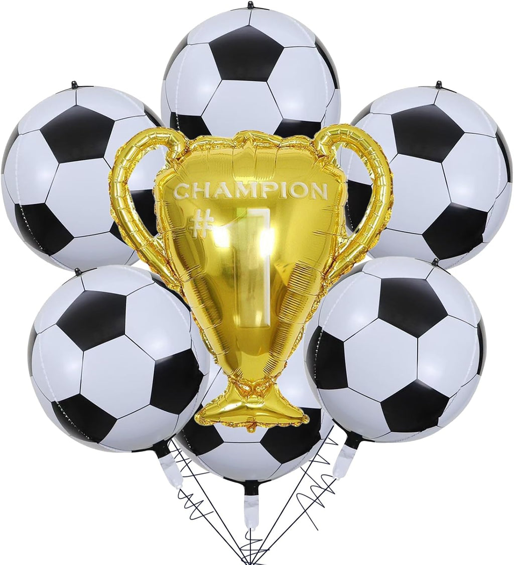 9 PCS 4D Soccer Balloons, Large Gold Trophy Balloon, 22 Inch Soccer Birthday Party Decorations, 4D Black White Soccer Ball Balloons for World Cup Theme Party