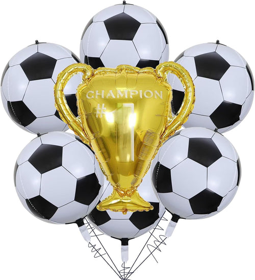 9 PCS 4D Soccer Balloons, Large Gold Trophy Balloon, 22 Inch Soccer Birthday Party Decorations, 4D Black White Soccer Ball Balloons for World Cup Theme Party