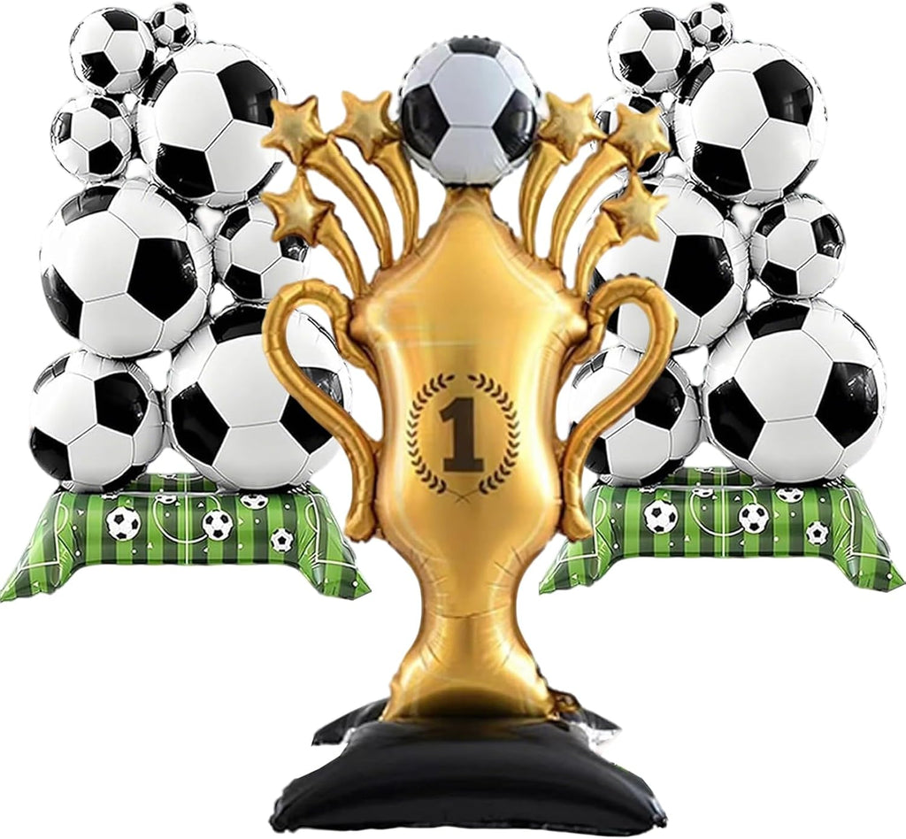 3 Pcs Soccer Party Decorations, 59 Inch Gold Champion Trophy & Self Standing Soccer Ball Balloons, 2026 World Cup Sports Themed Decor for Boys Birthday and Football Fan Party Supplies