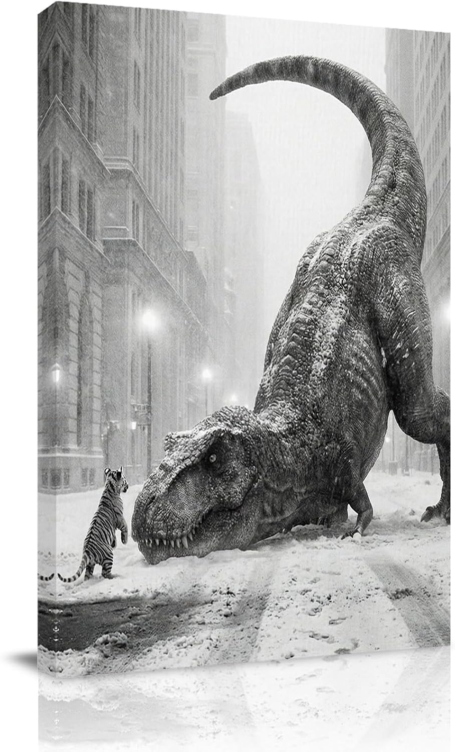 Gray Dinosaur Tiger Canvas Wall Art for Living Room, Abstract Animal Vintage City Snowfield Wall Decor Framed Artwork Pictures Ready to Hang for Bedroom Office Home Decor 12x16 Inch
