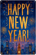 Happy New Year City Fireworks Print Wall Art,Metal Tin Signs Plaque Decorations Poster,Ideal For Holiday Hosts & Cityscape Lovers,Hang In Living Room Bar Cafe Party Home Decor 12x16inch