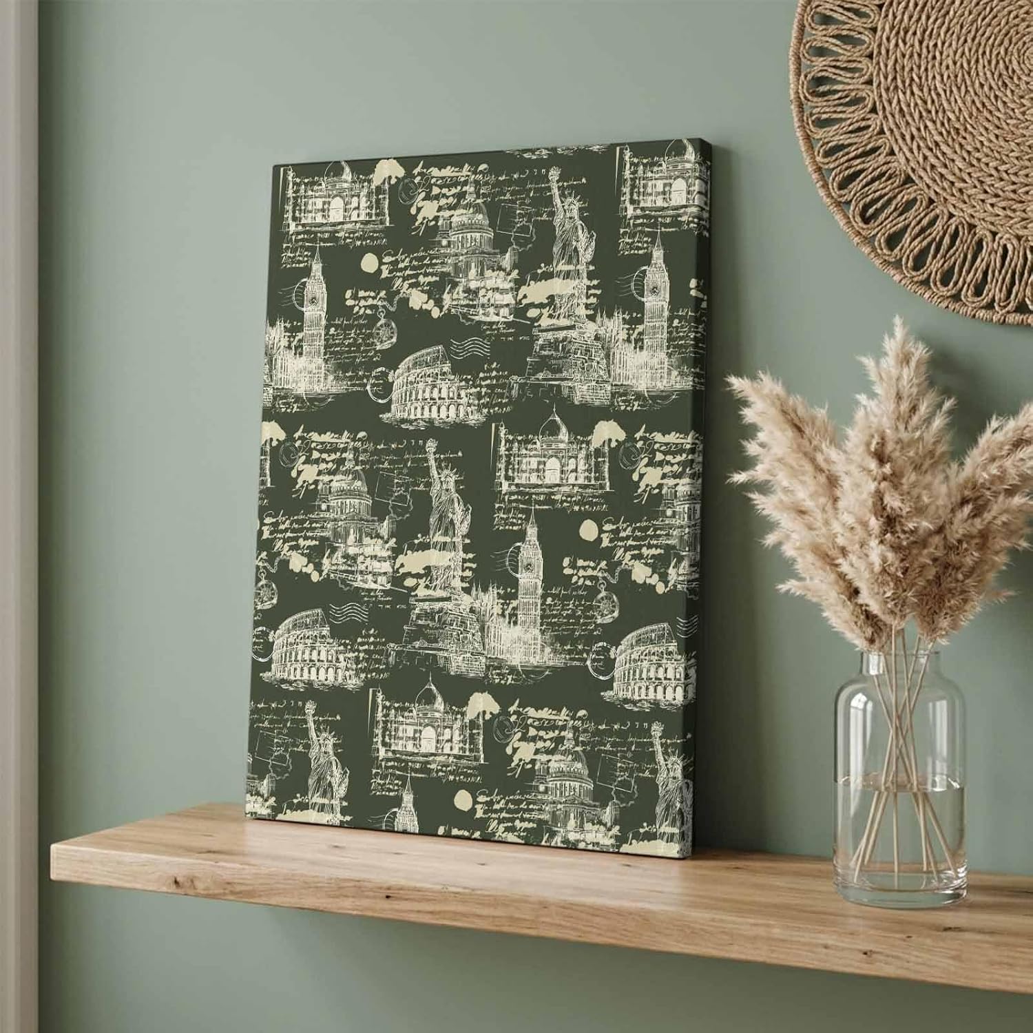 Wood Canvas Wall Art, Green Architecture Wall Decor for Bedroom Living Room Office, Abstract City Vintage Modern Art Canvas Prints Artwork Ready to Hang Home Decor Accent, Housewarming Gift 22''x28''