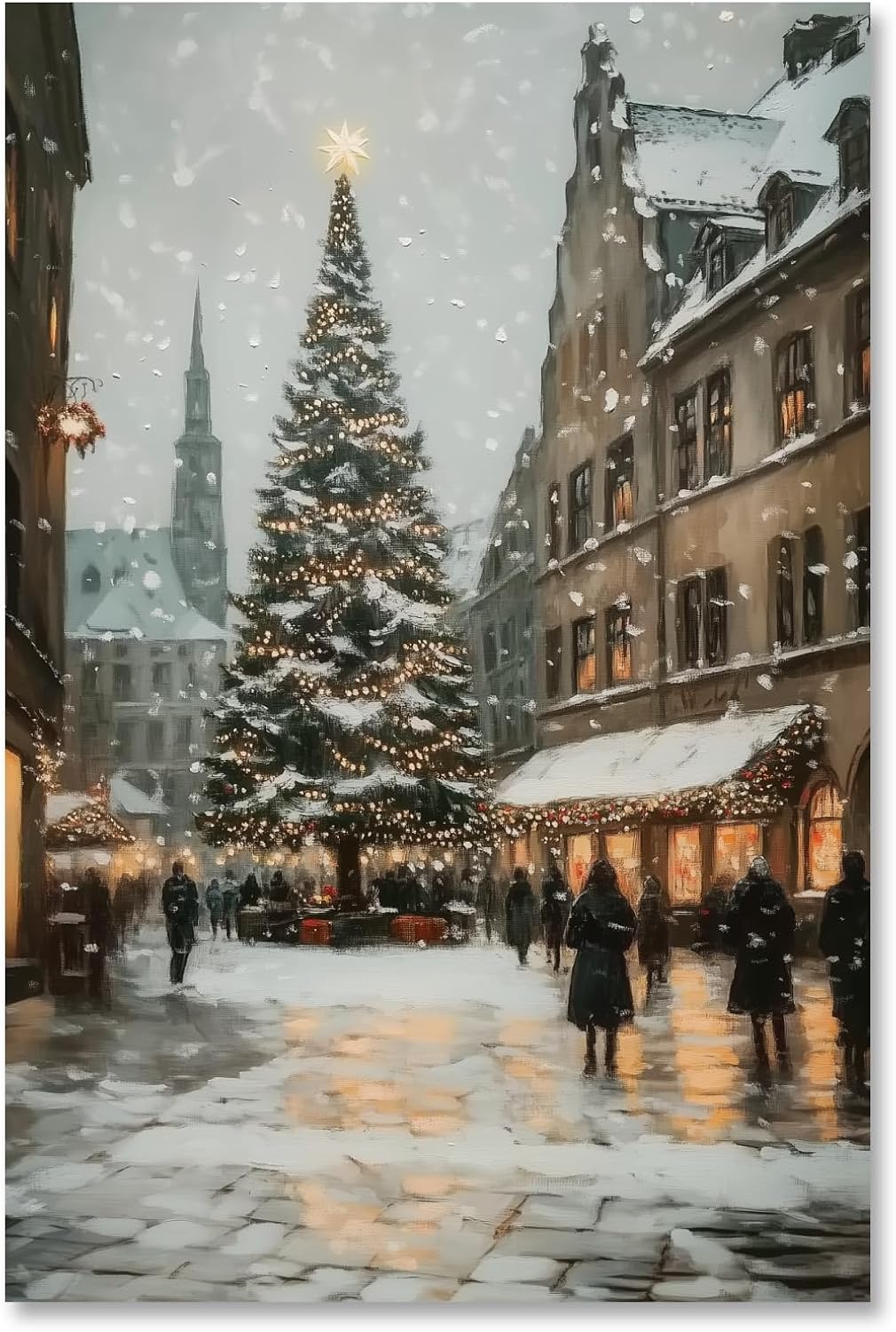 Yermidi Christmas Tree City Street Wall Art Snowy Town Scene Poster Vintage Holiday Canvas Print Winter Decor Rustic Farmhouse Xmas Pictures Painting Decoration for Living Room Home 8x12inch Unframed