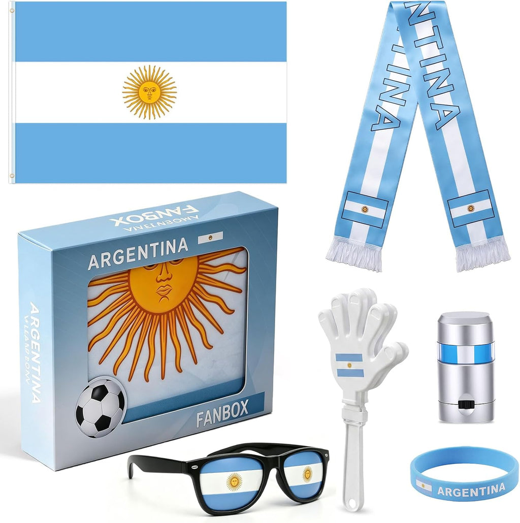 2026 World Cup Argentina Fan Kit, Cheer Set with Argentina Flag, Sunglasses, Banner, Hand Clapper, Wristband & Face Paint, Reusable for Family Watch, Stadium, Bar, Parade & Holiday Party (Argentina)