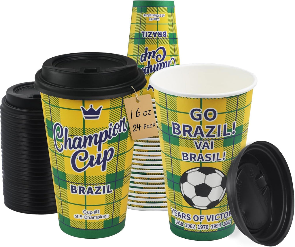 16 oz Champion Cup A Salute To Brazil, 5-Time World Soccer Champion, 24 Sets Disposable Paper Party Cups with Lids for Fan Event Decorations Game-Day Festival, VAI BRASIL 2026