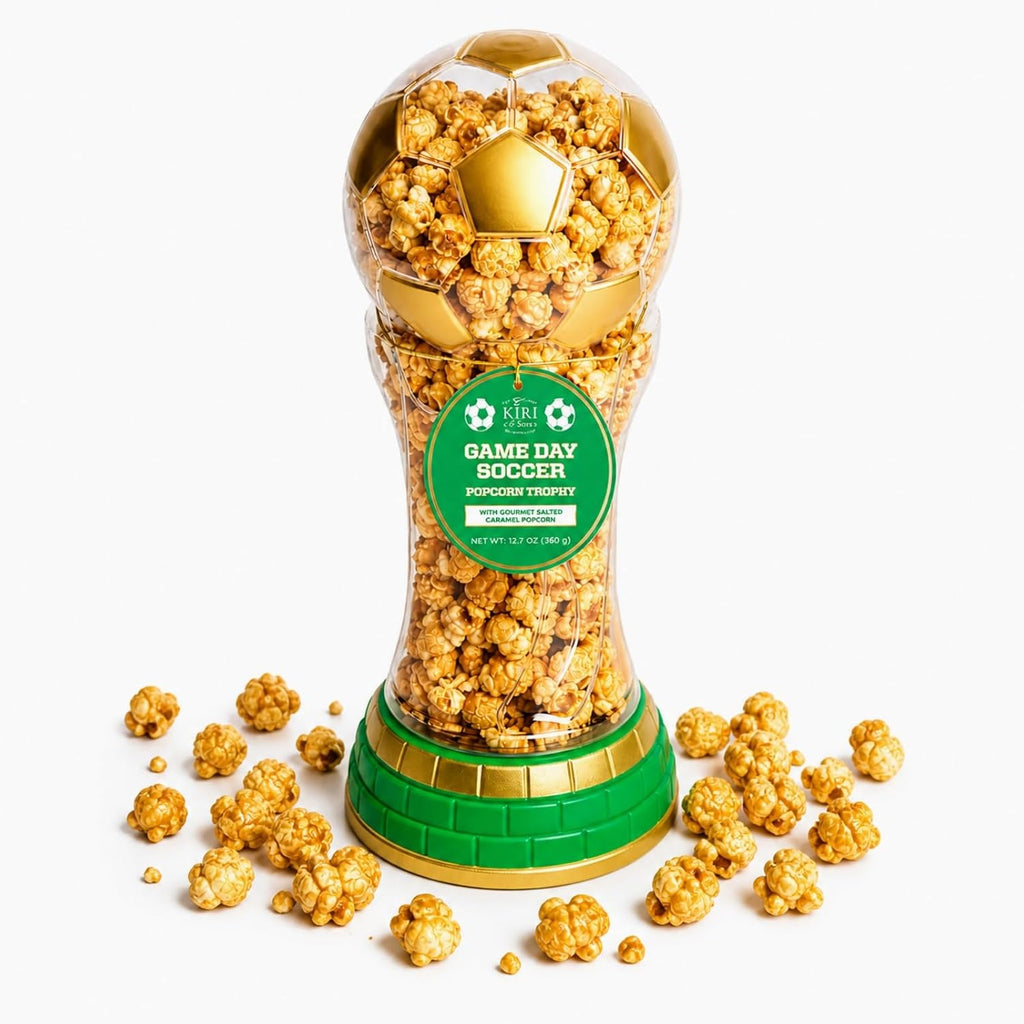 Gourmet Salted Caramel Popcorn World Cup Trophy Shape - 12.7 oz Soccer Gift Container, 2026 Football Tournament Party Decor, Stadium Movie Night Snack Pack, Unique Novelty Birthday Favor, Kids Adults