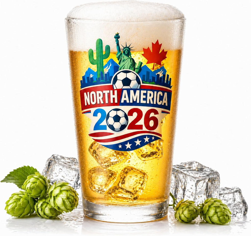 For 2026 World Cup Beer Glass, Thick Heavy Pint Glass for Football Fans, Fathers Day Gift for Dad Husband Boyfriend, Soccer Trophy Style Drinking Glass for Game Day Parties and Collectors(16oz)