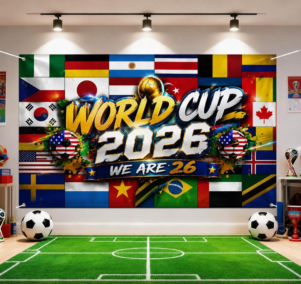 2026 World Football Cup 71x43 Inch Backdrop, Extra Large Soccer Festival Background, Vibrant World Flag Football Party Decorations, Durable Fabric Banner for Photo Booth & Sports Events