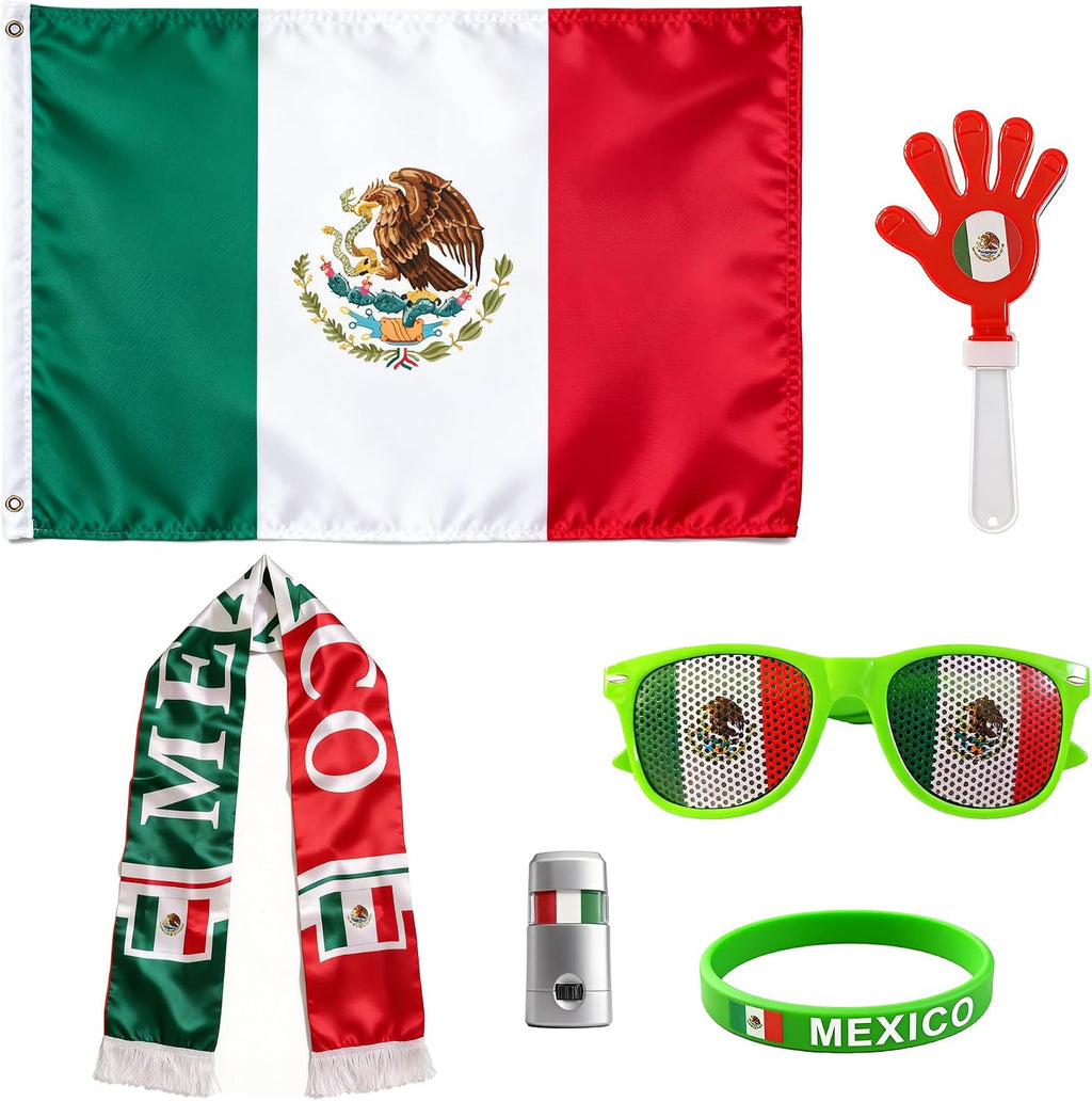 Mexico 2026 World Cup Fan Kit, 6 Pcs Cheering Set for Game Day Watch Party – Flag, Fan Scarf, Wristband, Flag Glasses, Hand Clapper, Blendable Face Paint Sticks