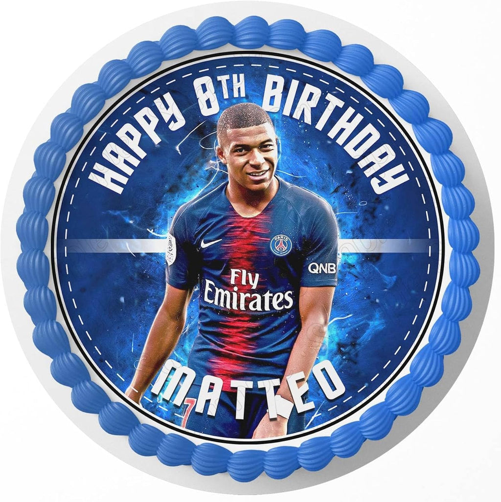 7.5 Inch Edible Cake Topper – Kylian Mbappe PSG Themed Birthday Party Collection of Edible Cake Decorations round