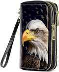Bald Eagle American Flag Print Women Large Capacity Wallet PU Leather Double Zipper Clutch Purse for Smart Phone/Card/Coin/Cash