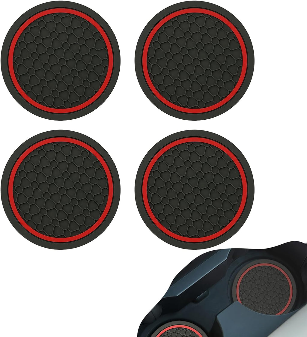 4 PCS Car Cup Holder Coasters, Non-Slip Insert Car Cup Coasters, Waterproof Vehicle Water Bottle Pads Automotive Interior Accessories, Universal for Vehicles, Trucks, SVUs (Black & Red)