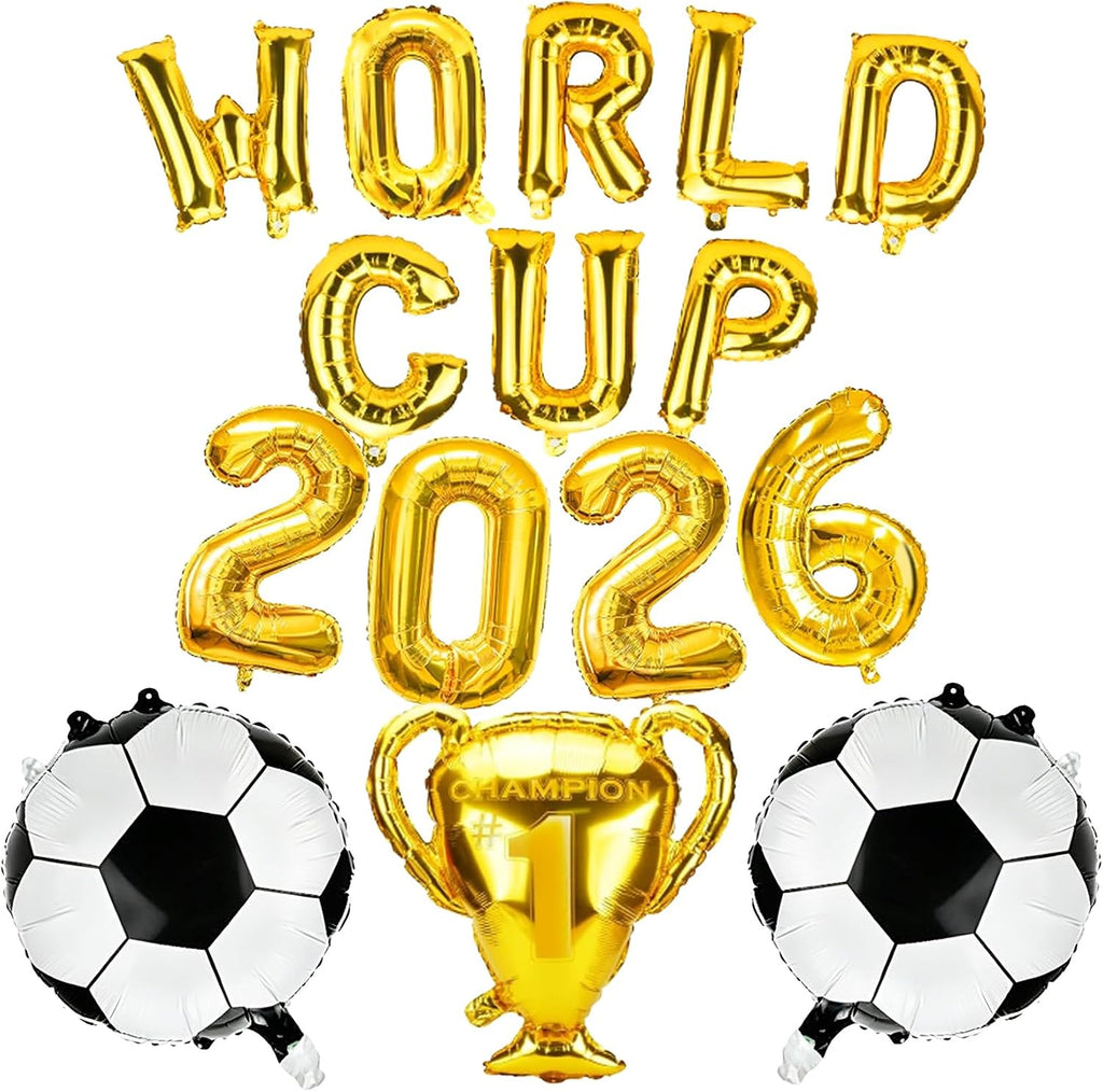 Soccer Balloons Set Party Decorations, 15 PCS World Game Cup Letter Balloons Soccer Shaped Foil Balloons with 2026 Number and Champion Trophy Balloon for Soccer Sports Theme Game Day Party Decorations