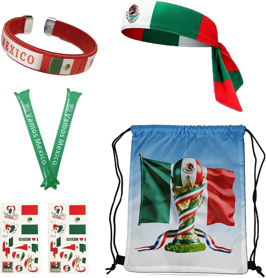 2026 World Cup Mexico Soccer Fan Gear Set, 7-Piece Drawstring Backpack Decoration & Storage Set for World Cup & Patriotic Holidays